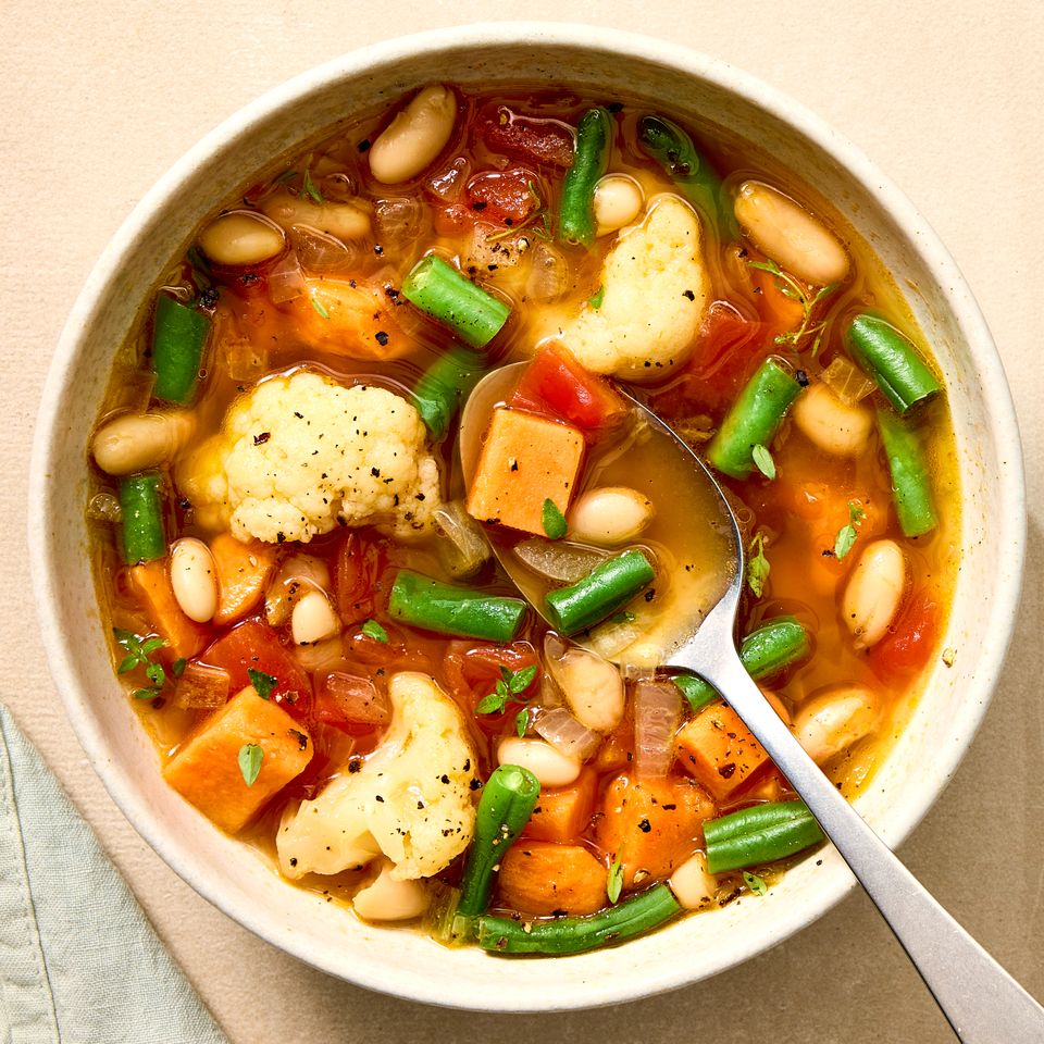 A recipe image of 20-Minute Harvest Vegetable Soup Credit: Photographer: Robby Lozano.