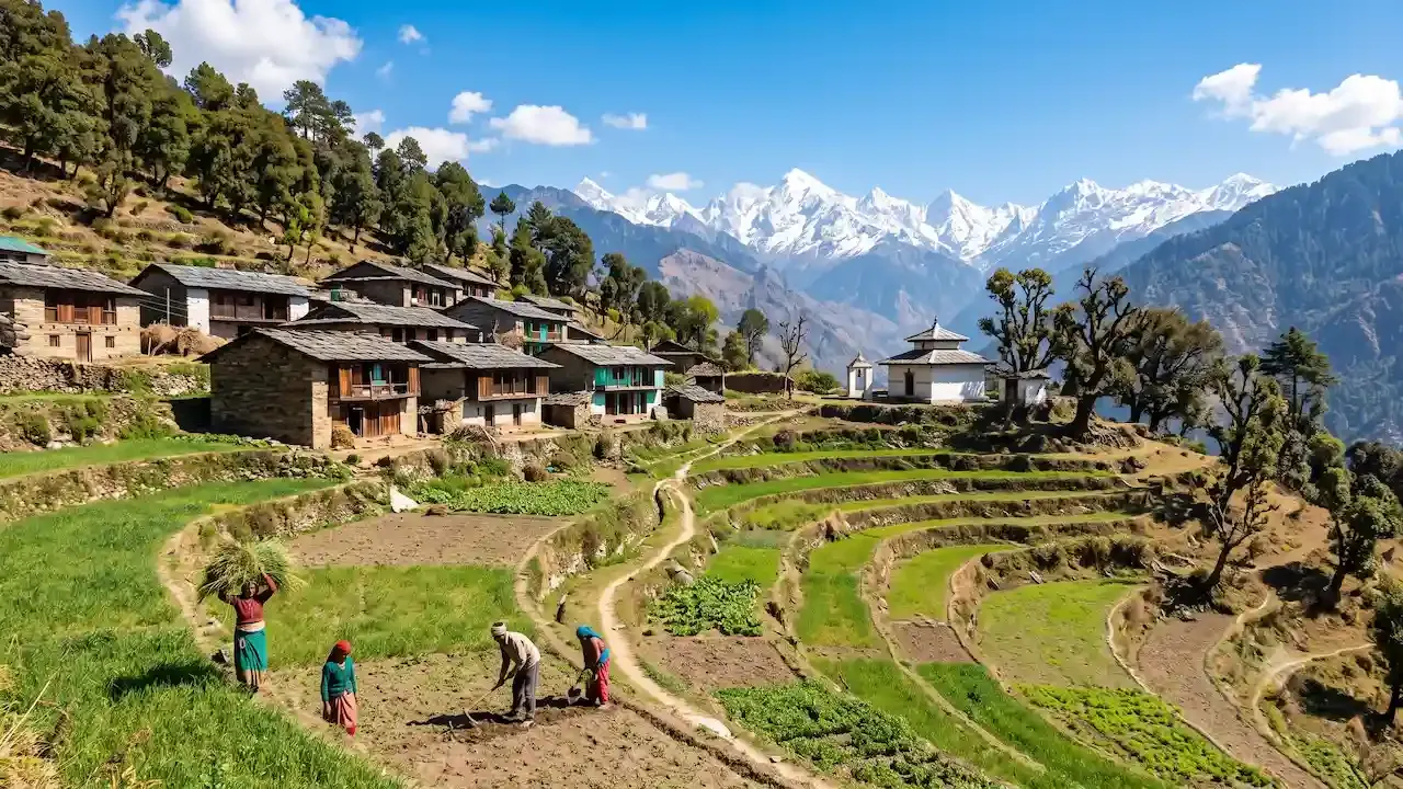 Villagers farming in lush green terraced fields overlooking traditional mountain houses and majestic snow covered Himalayan peaks.