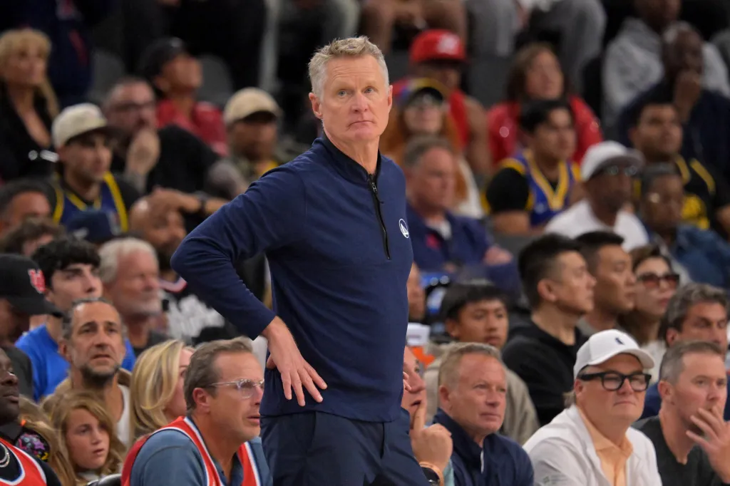 Golden State Warriors head coach Steve Kerr on the court during the play-in rounds of the 2026 NBA Playoffs.