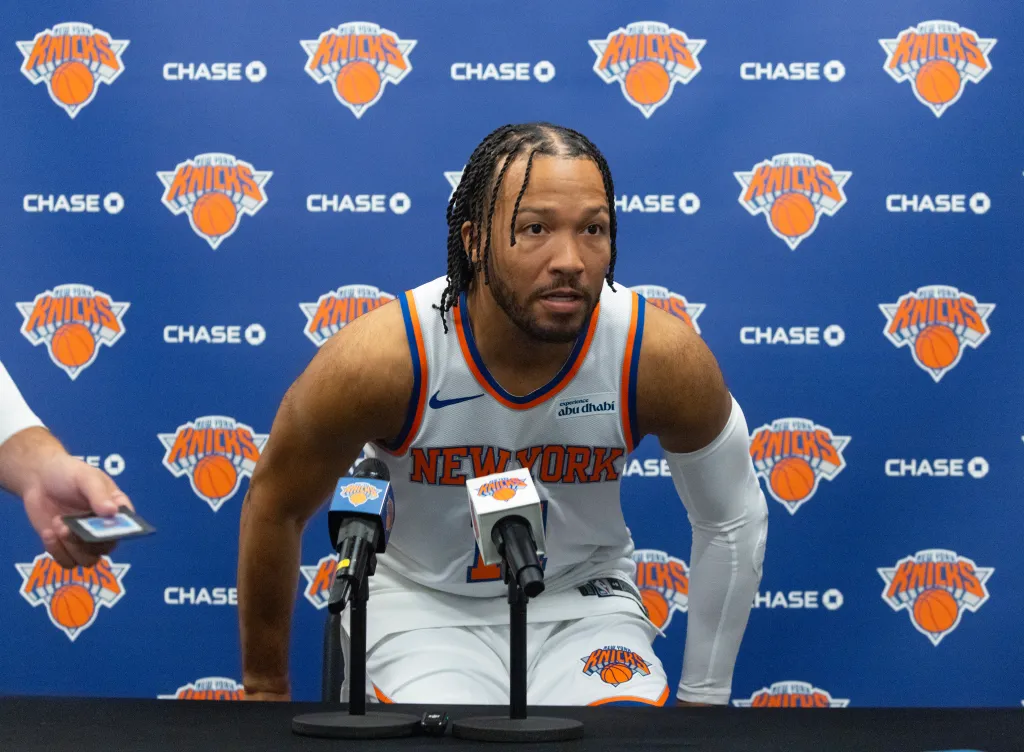 New York Knicks guard Jalen Brunson speaks to the media at the Knicks training facility.