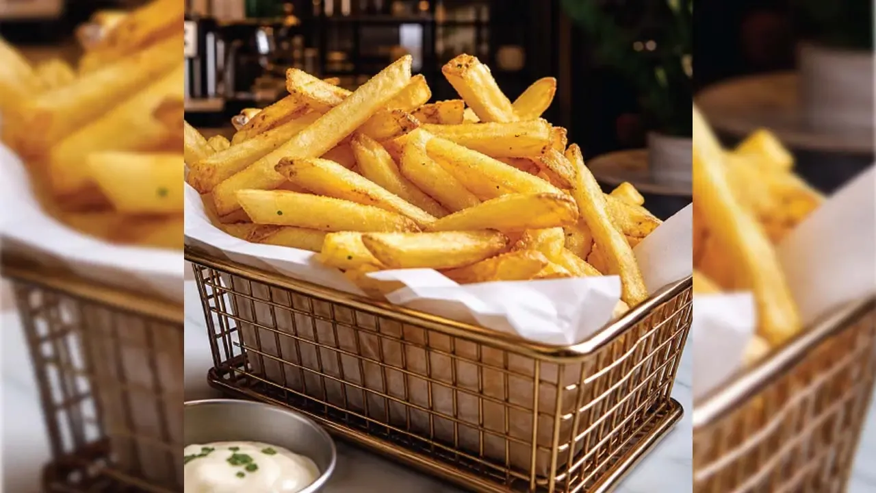 Crispy golden french fries served hot in metallic basket with creamy dipping sauce on cafe dining table.