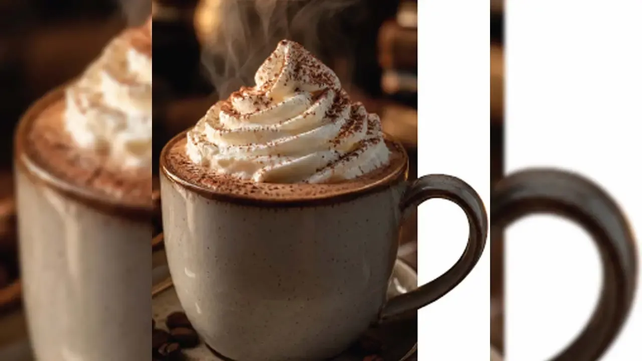 Steaming hot chocolate in ceramic mug topped with rich whipped cream and cocoa powder dusting in cafe.
