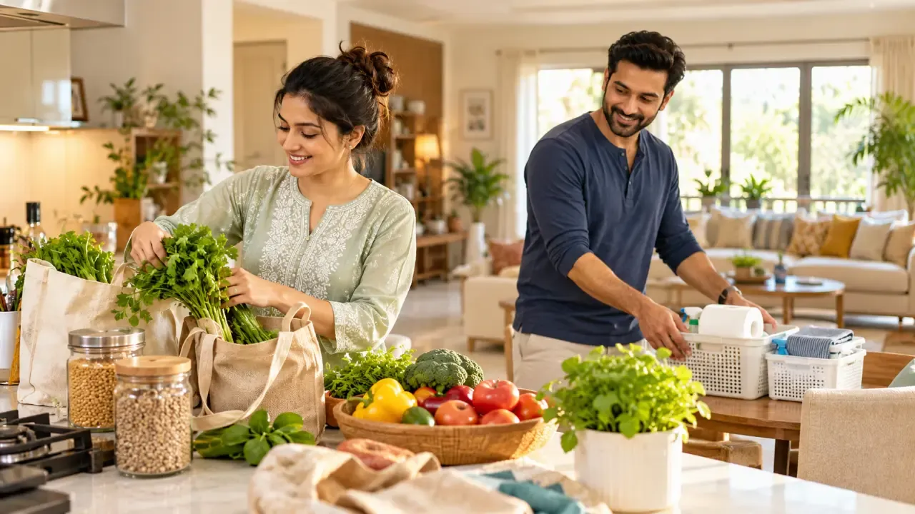 Indian couple sharing household responsibilities during the weekend