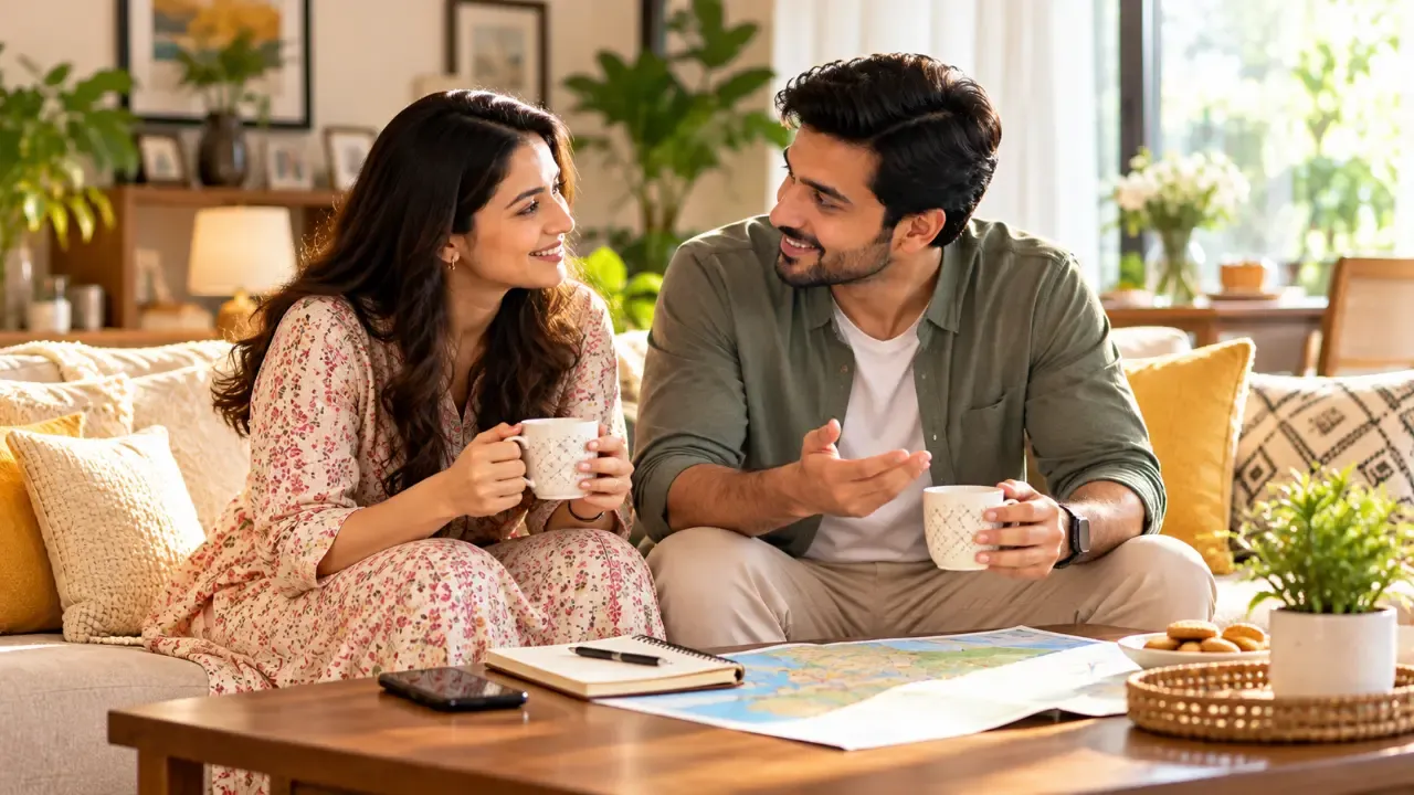 Indian couple planning their weekend together over tea
