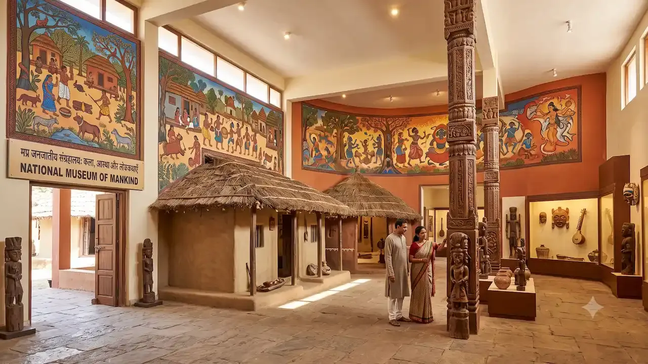 Indian couple admiring intricately carved wooden pillars inside a museum exhibit showcasing traditional thatched tribal huts and vibrant murals.