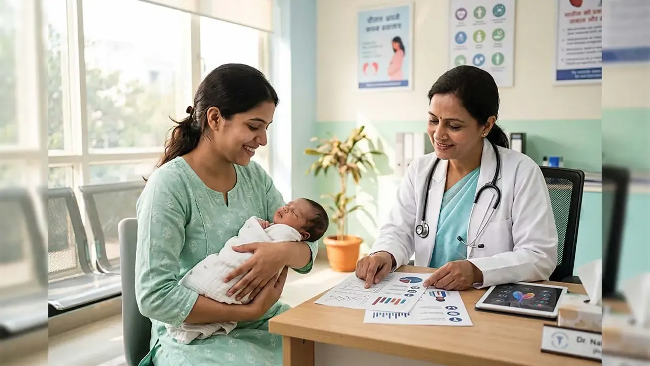 Caring female doctor reviewing medical reports with happy Indian mother holding sleeping newborn baby in clinic room.