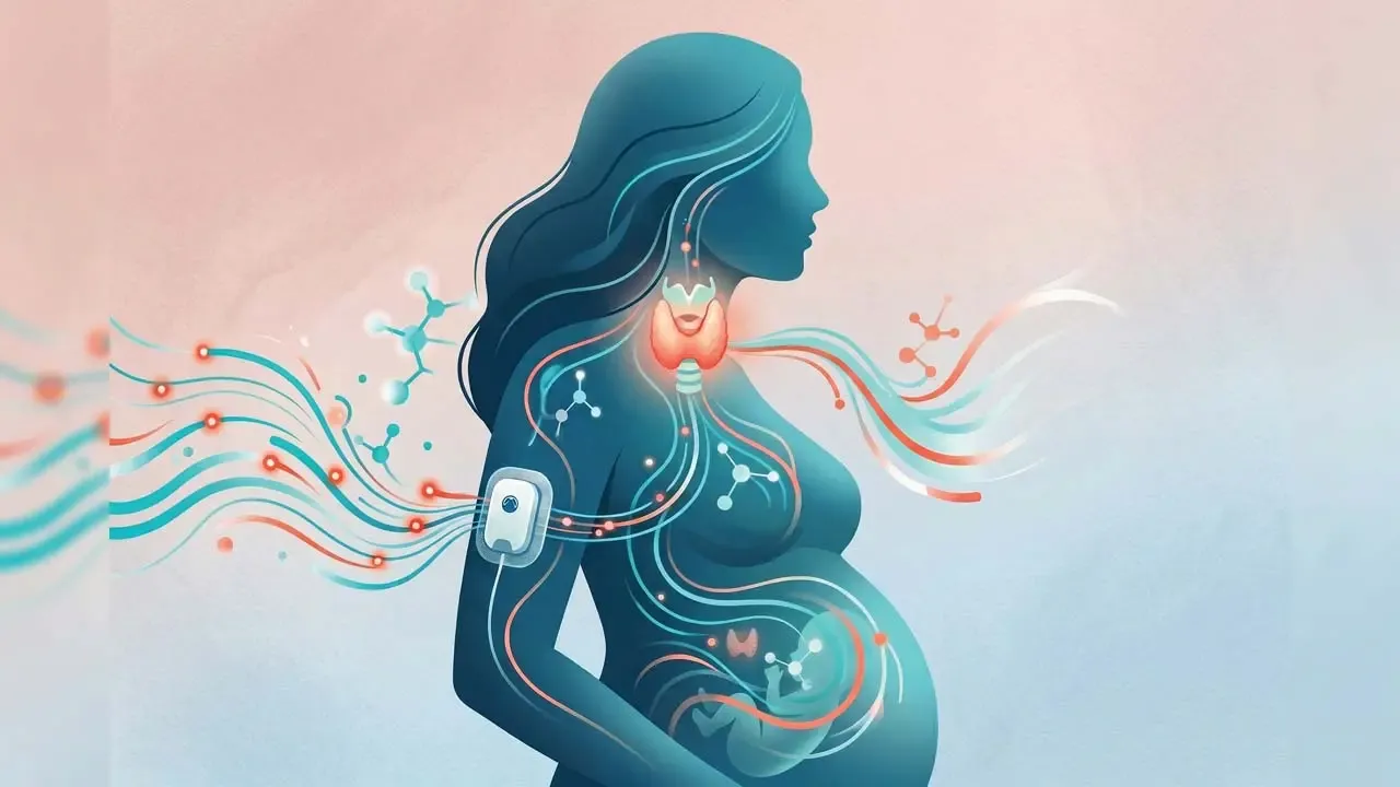Artistic silhouette showing pregnant woman with glowing thyroid gland, vital hormone pathways, and healthy developing fetus in womb.