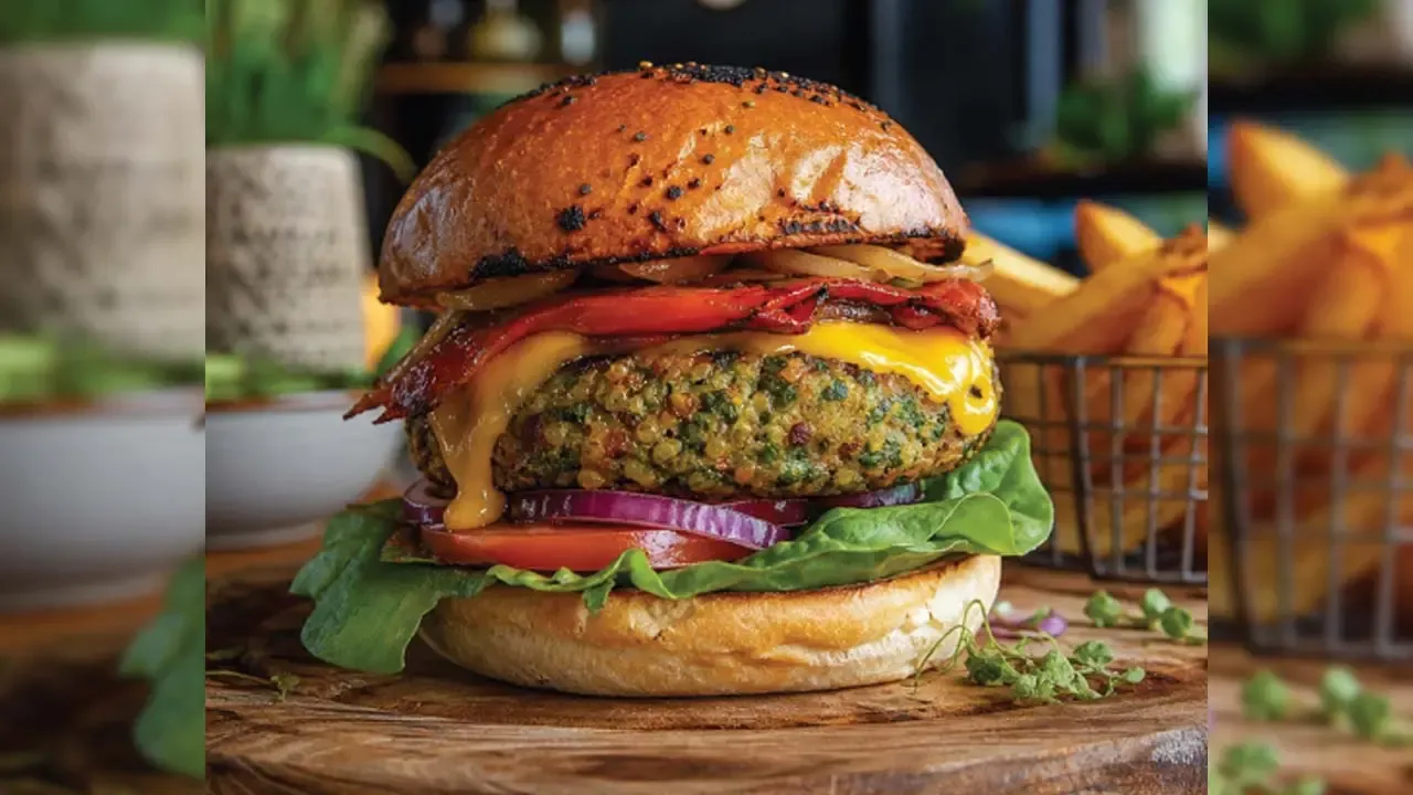 Gourmet veggie burger stacked with melted cheese, fresh lettuce, tomato, and toasted bun on wooden board in cafe.