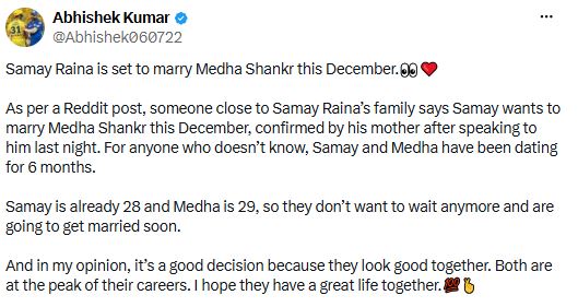 Samay Raina, Medha Shankr marriage rumors resurface online