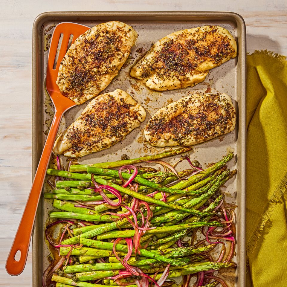 a photo of the Sheet-Pan Balsamic Chicken & Asparagus Credit: Ali Redmond