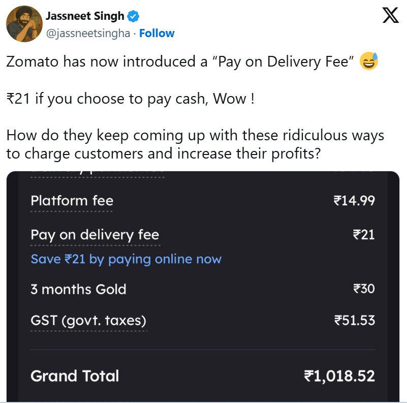 Zomato's ‘Pay on delivery’ fee