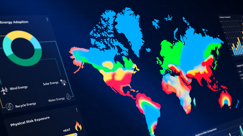 A colorful world map display showing temperature fluctuations with graphs