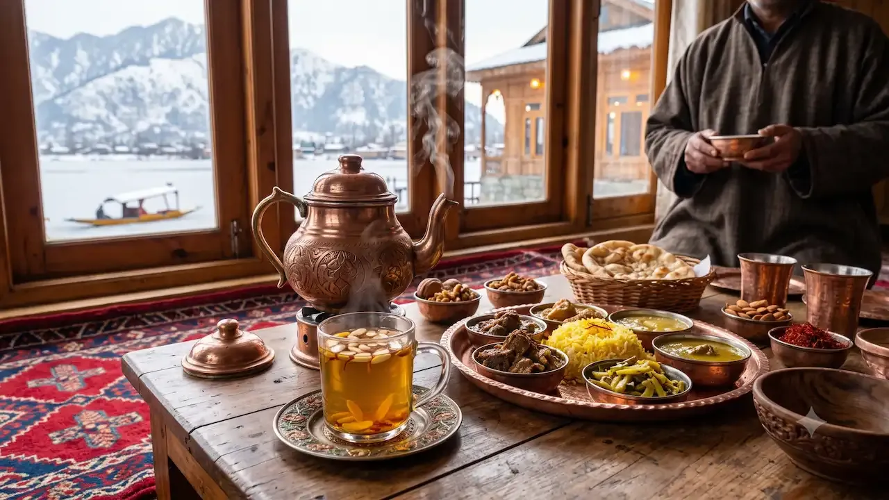 Steaming Kashmiri kahwa served with a traditional wazwan feast inside a warm houseboat overlooking snowy mountain views.