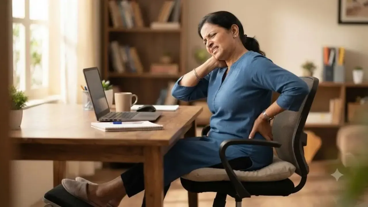 A middle-aged woman sitting at her office desk, experiencing neck and lower back pain while working on a laptop.
