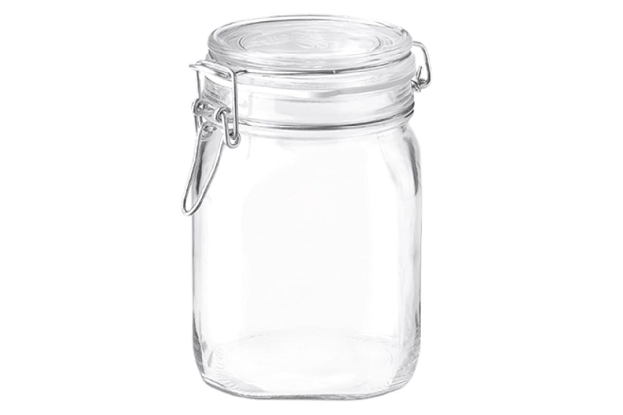 A glass jar with a hinged lid and metal latch closure Credit: Amazon