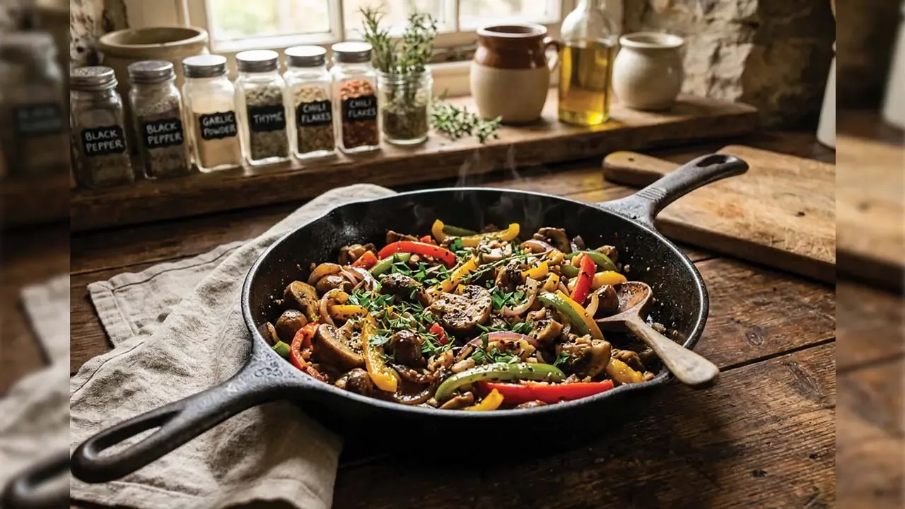 Steaming sautéed mushrooms and colorful bell peppers cooked in cast iron skillet on rustic wooden kitchen table.