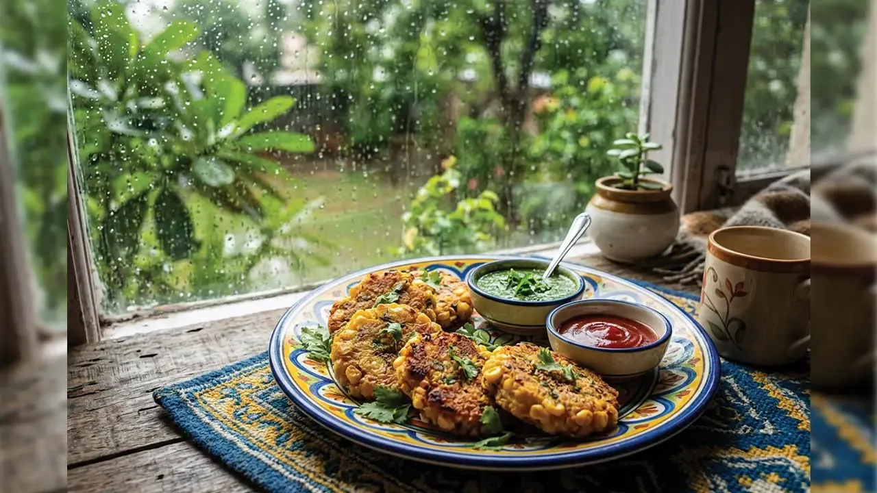 Crispy corn cutlets served on decorative ceramic plate with green chutney and tomato sauce near rainy window.