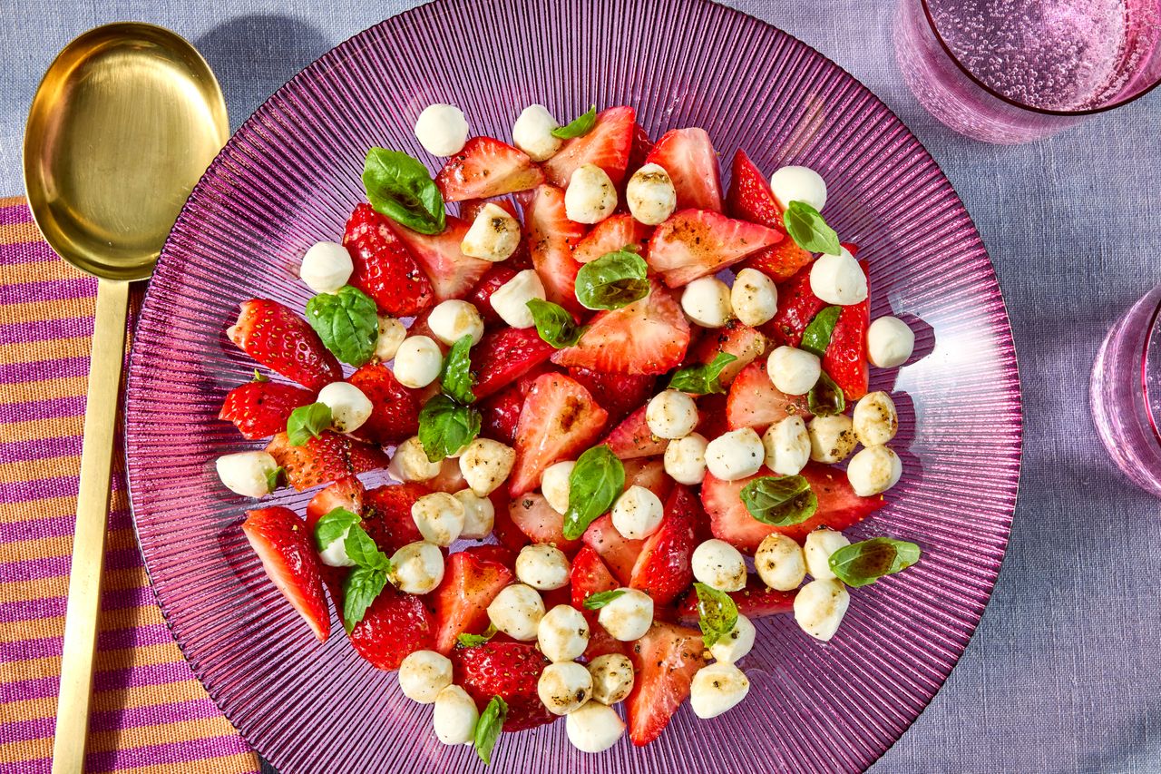 an image of the Strawberry Caprese Salad Credit: Photographer: Jen Causey, Food Stylist: Julian Hensarling, Prop Stylist: Josh Hoggle