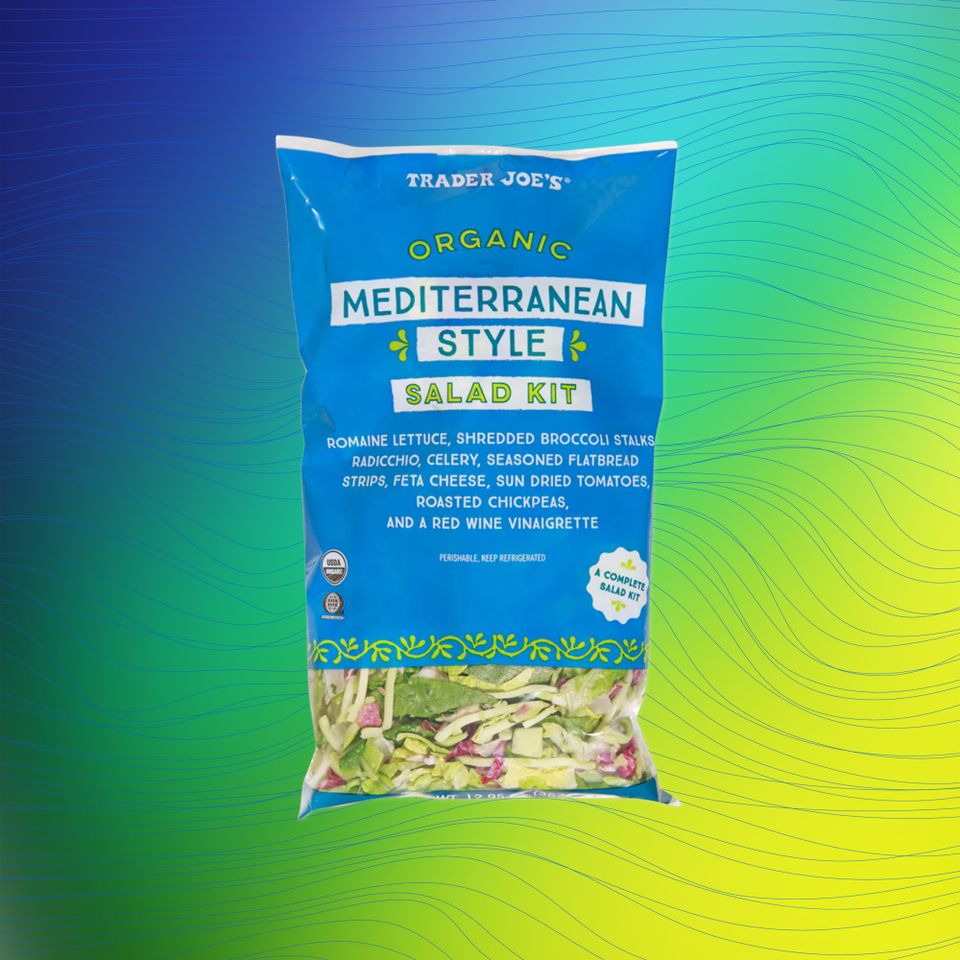 Trader Joes Mediterranean Style Salad Kit in packaging Credit: Trader Joe's. Getty Images. EatingWell design.