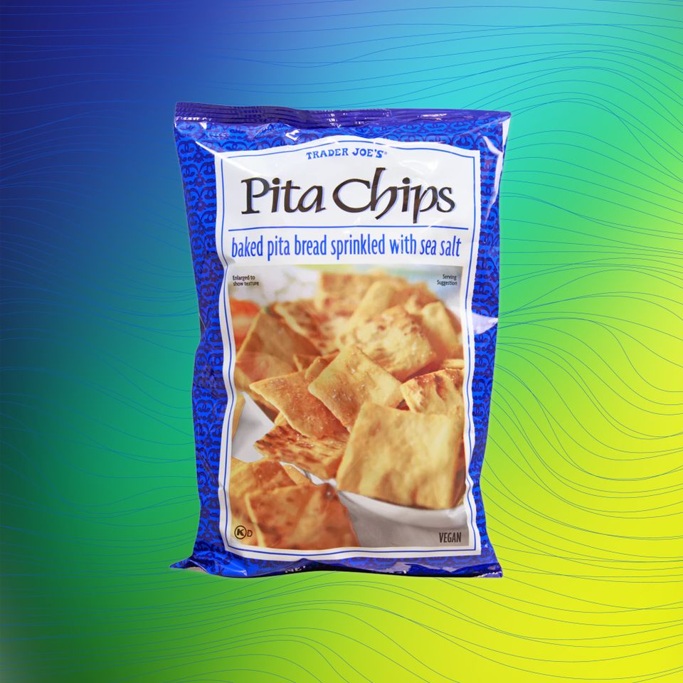 Trader Joes pita chips bag baked with sea salt Credit: Trader Joe's. Getty Images. EatingWell design.