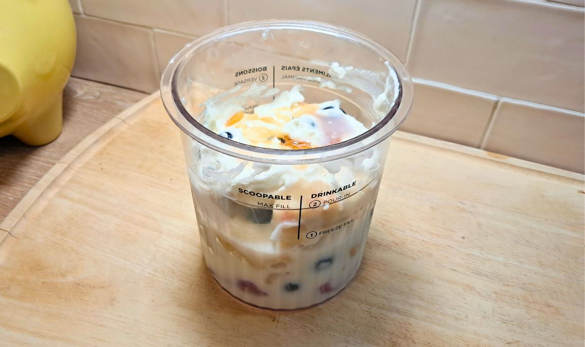 Picture of fruit and Greek yoghurt in a blender glass Picture of fruit and Greek yoghurt in a blender glass