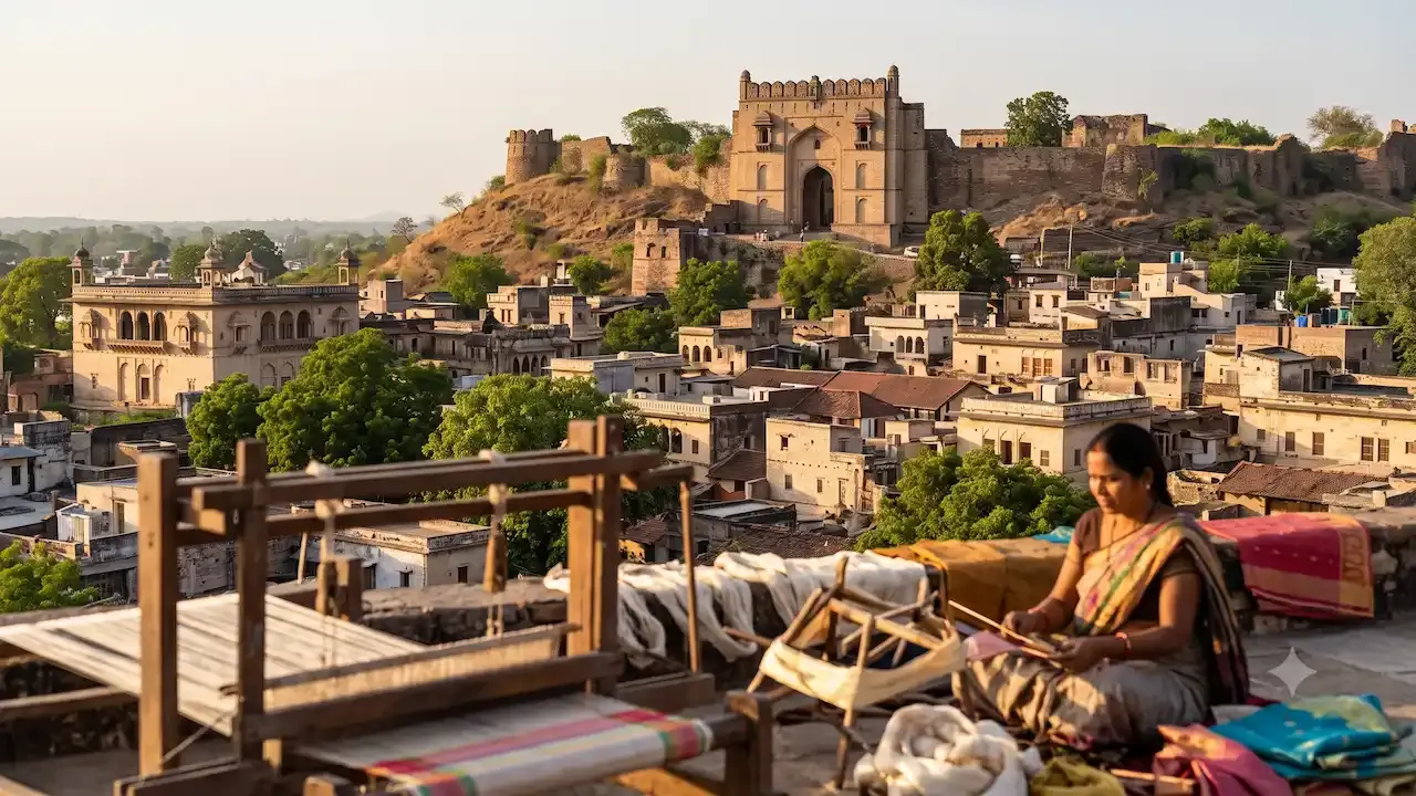 BhopalIndian woman weaving colorful Chanderi silk fabric on rooftop loom with ancient historic hilltop fort in background. 3
