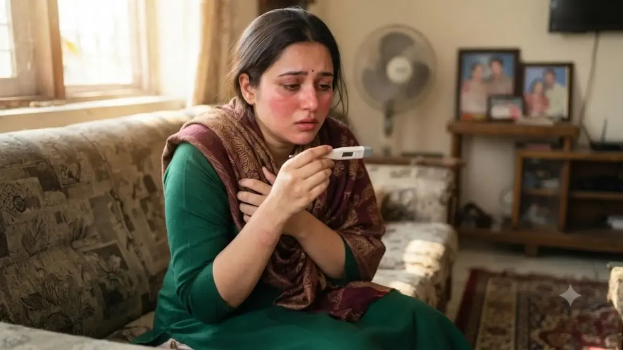 Indian woman in green kurti and shawl shivering with flushed face and holding digital thermometer