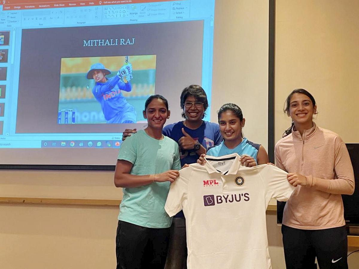 Harmanpreet Kaur, Jhulan Goswami, Mithali Raj and Smriti Mandhana at the launch of the Indian Test kit in 2021. Harmanpreet Kaur, Jhulan Goswami, Mithali Raj and Smriti Mandhana at the launch of the Indian Test kit in 2021.
