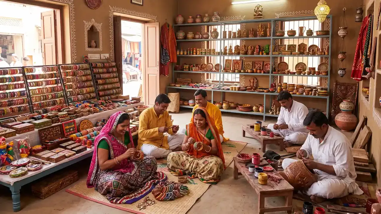 Traditional artisans craft colorful lac bangles and clay pottery inside a vibrant rural handicraft workshop in Kutch.