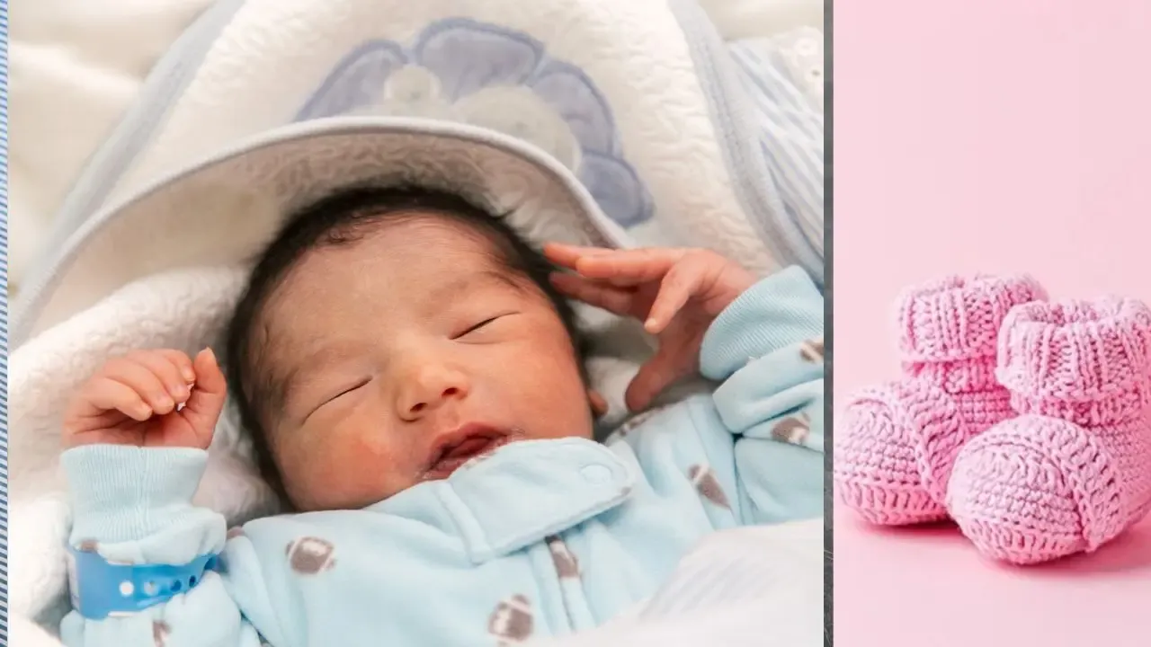 A composite image showing a newborn baby wrapped in a blanket on the left and a pair of knitted pink baby booties on a pink background on the right.