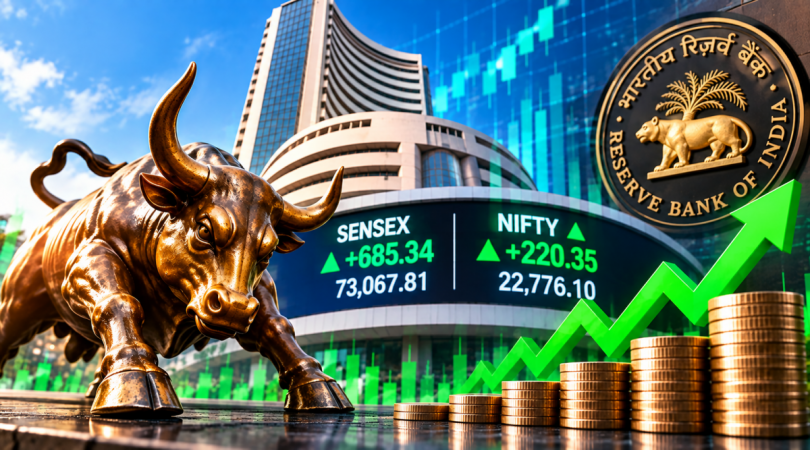 Sensex surges 685 points and Nifty gains 220 points ahead of the RBI policy outcome.