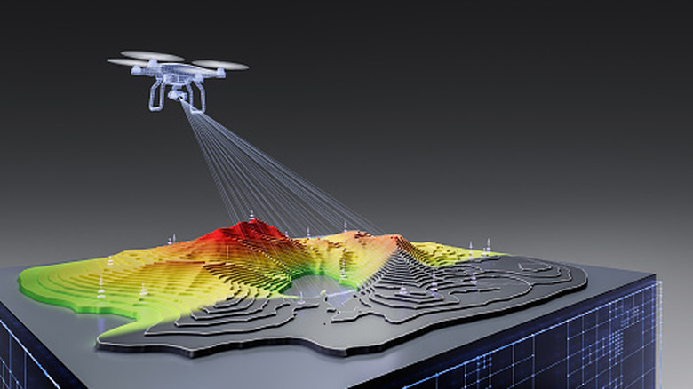 An illustration of drone-mounted LiDAR scanning topography