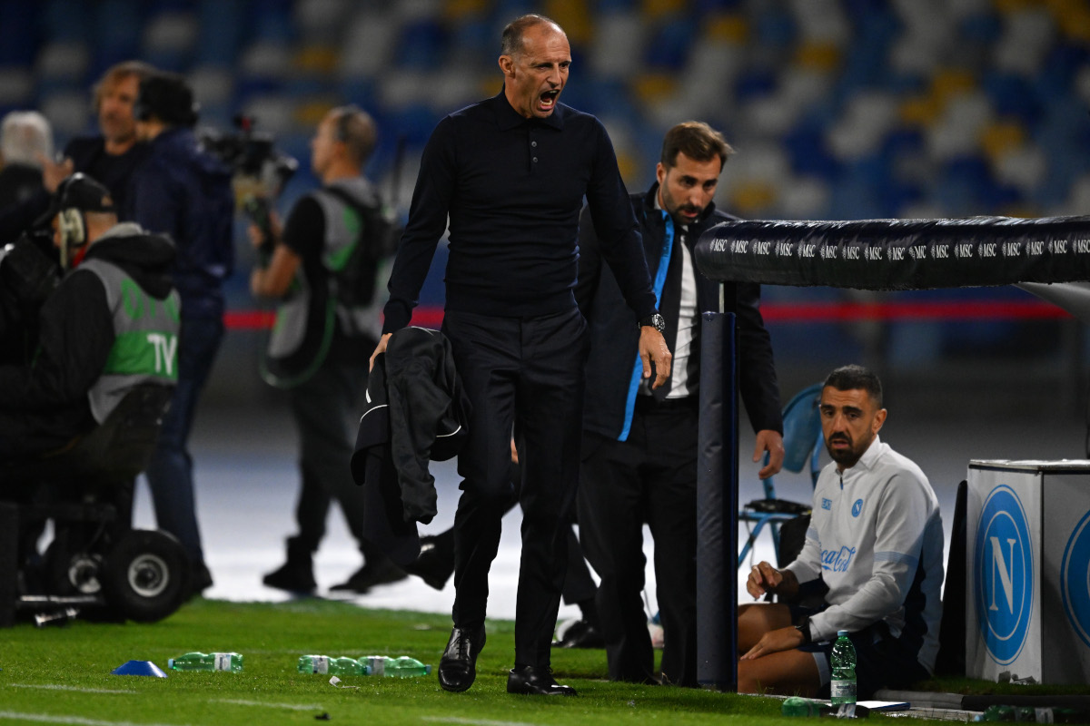 NAPLES, ITALY - OCTOBER 10: Massimiliano Allegri, Manager of SSC Napoli, reacts during the Serie A match between SSC Napoli and Frosinone Calcio at Stadio Diego Armando Maradona on October 10, 2026 in Naples, Italy. (Photo by Francesco Pecoraro/Getty Images)