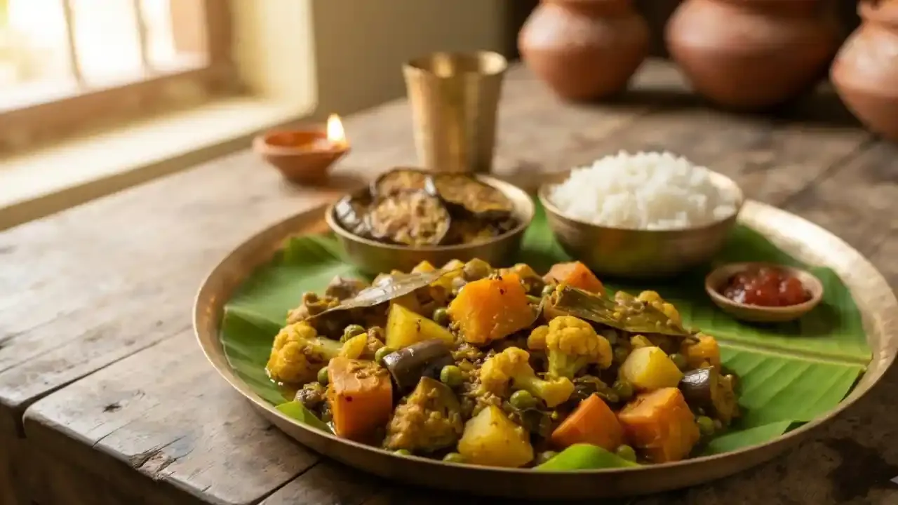 Bengali labra prepared with mixed seasonal vegetables, pumpkin, potato, eggplant and panch phoron spices.