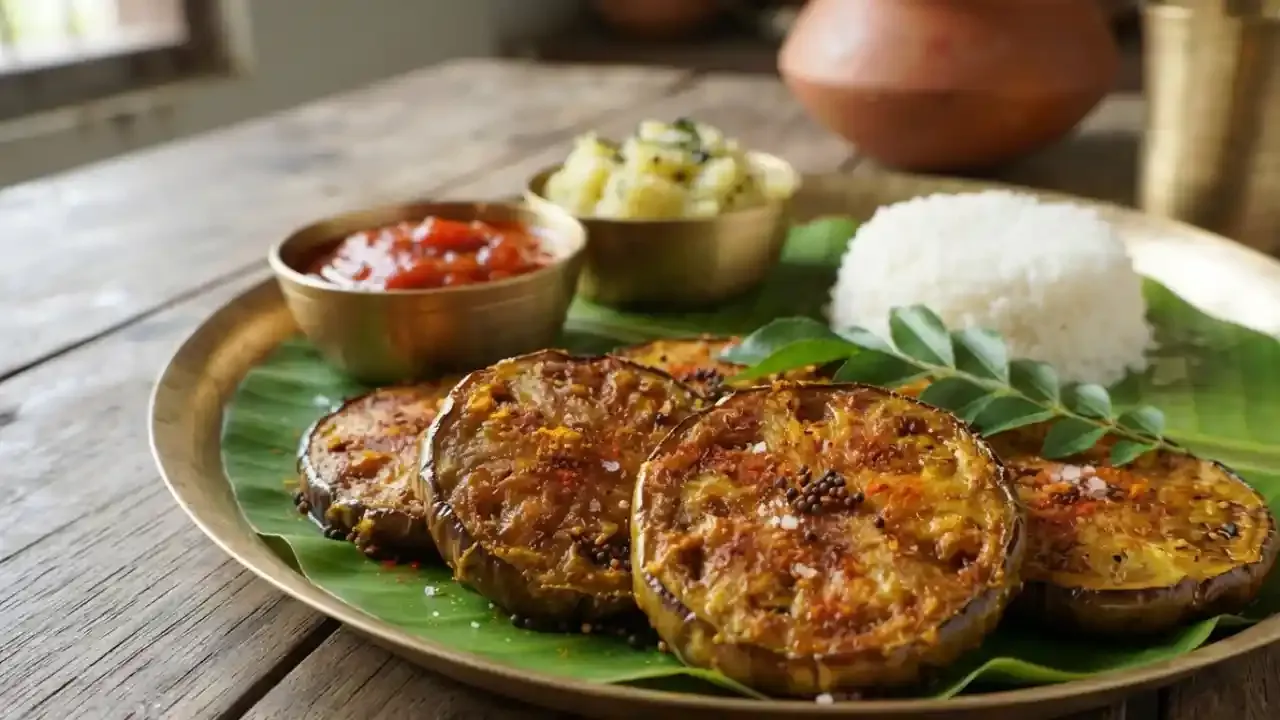 Bengali began bhaja made with thick eggplant slices seasoned with spices and fried until golden and tender.