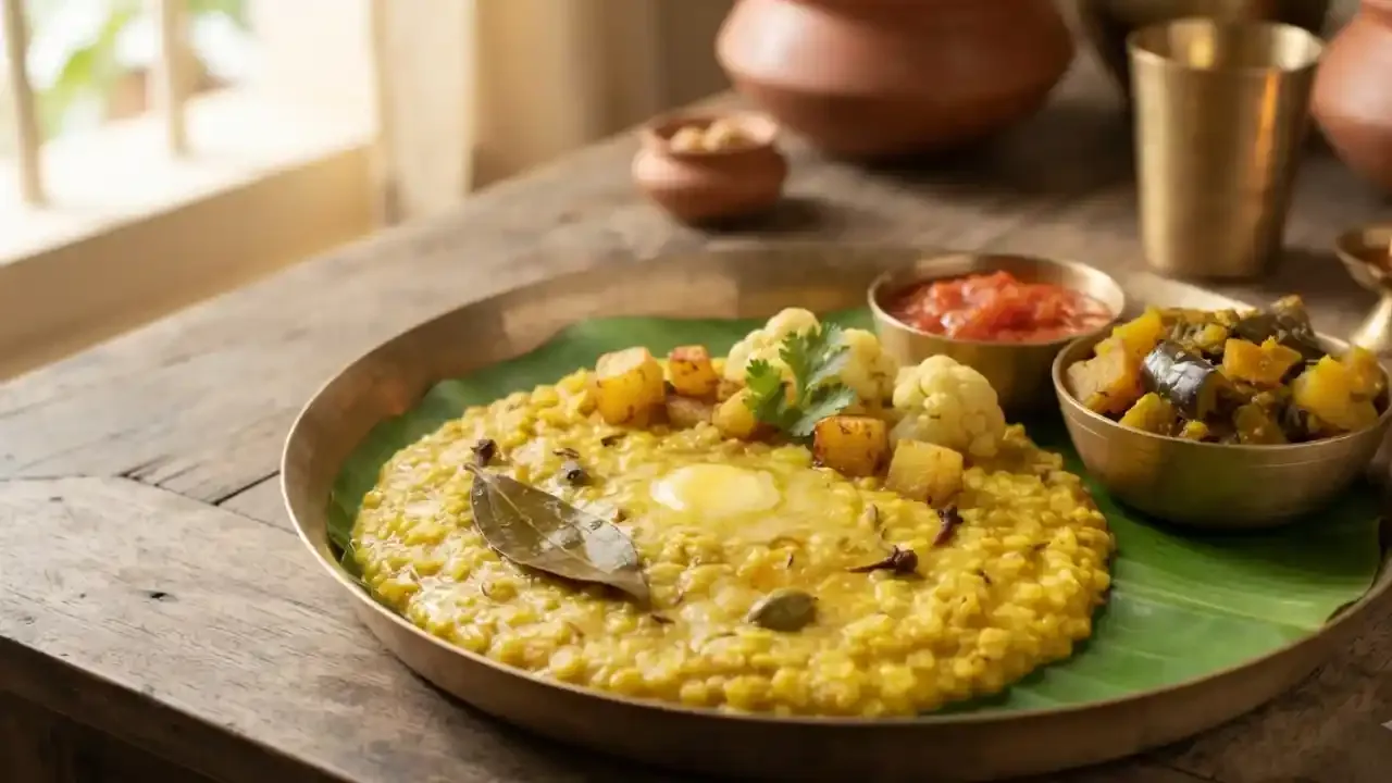 Traditional Bengali bhoger khichuri made with rice, roasted moong dal, vegetables and aromatic spices.