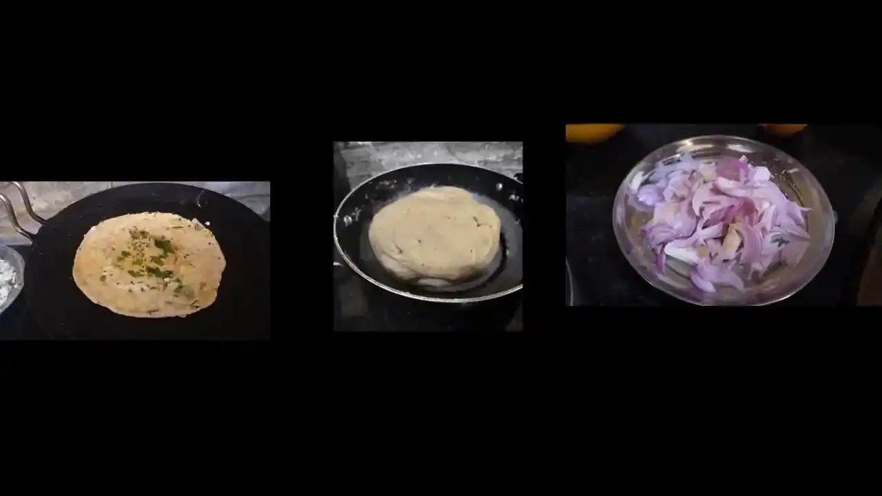 Onion and paneer filling spread over rolled dough and folded into layers to prepare a crispy laccha paratha.