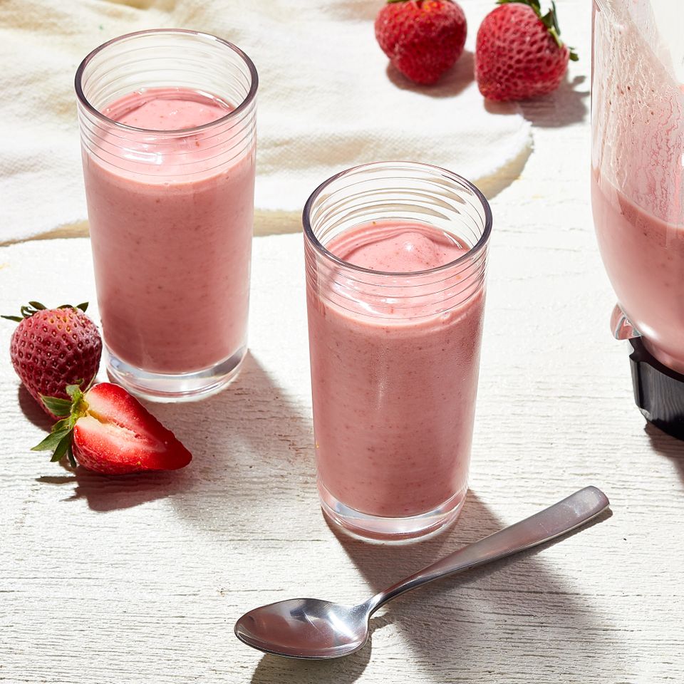 Creamy Strawberry Smoothie Credit: Photographer / Brie Passano, Food Stylist / Annie Probst, Prop Stylist / Holly Raibikis