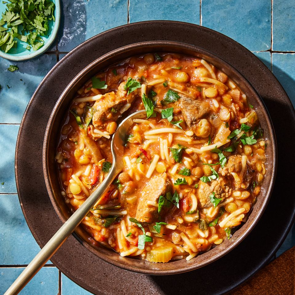 a recipe photo of the Harira served in a bowl Credit: Photographer: Rachel Marek, Food stylist: Lauren McAnelly, Prop stylist: Gabriel Greco