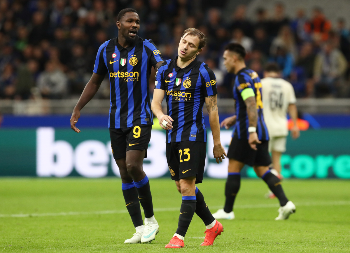 MILAN, ITALY - OCTOBER 13: Nicolo Barella and Marcus Thuram of FC Internazionale Milano reacts during the UEFA Champions League 2026/27 League Phase MD2 match between FC Internazionale Milano and Club Brugge KV at Stadio San Siro on October 13, 2026 in Milan, Italy. (Photo by Marco Luzzani/Getty Images)
