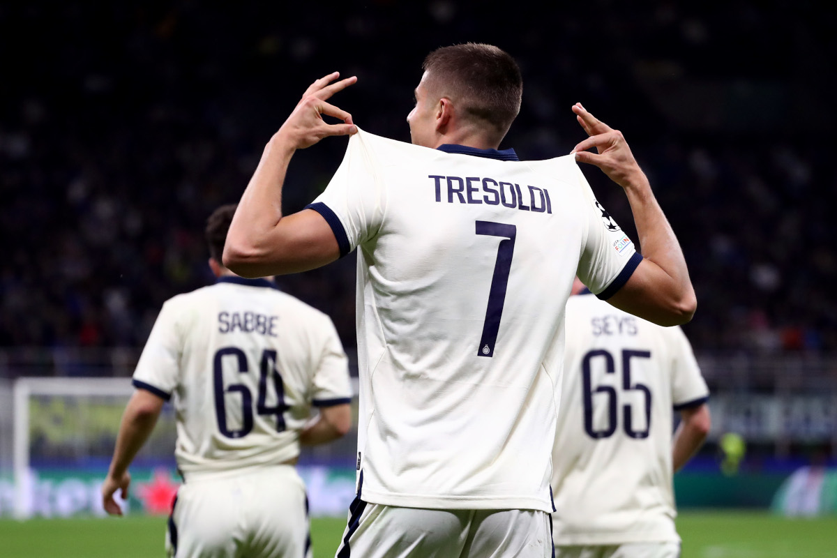 MILAN, ITALY - OCTOBER 13: Nicolo Tresoldi of Club Brugge KV celebrates scoring his team’s second goal during the UEFA Champions League 2026/27 League Phase MD2 match between FC Internazionale Milano and Club Brugge KV at Stadio San Siro on October 13, 2026 in Milan, Italy. (Photo by Marco Luzzani/Getty Images)