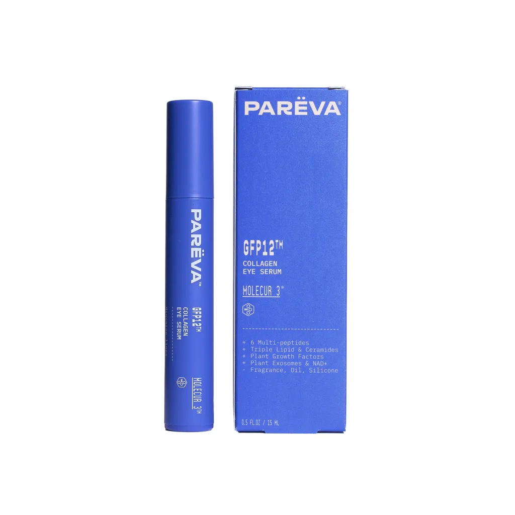 Parëva GFP12™ Collagen Eye Serum bottle and its matching blue box packaging.