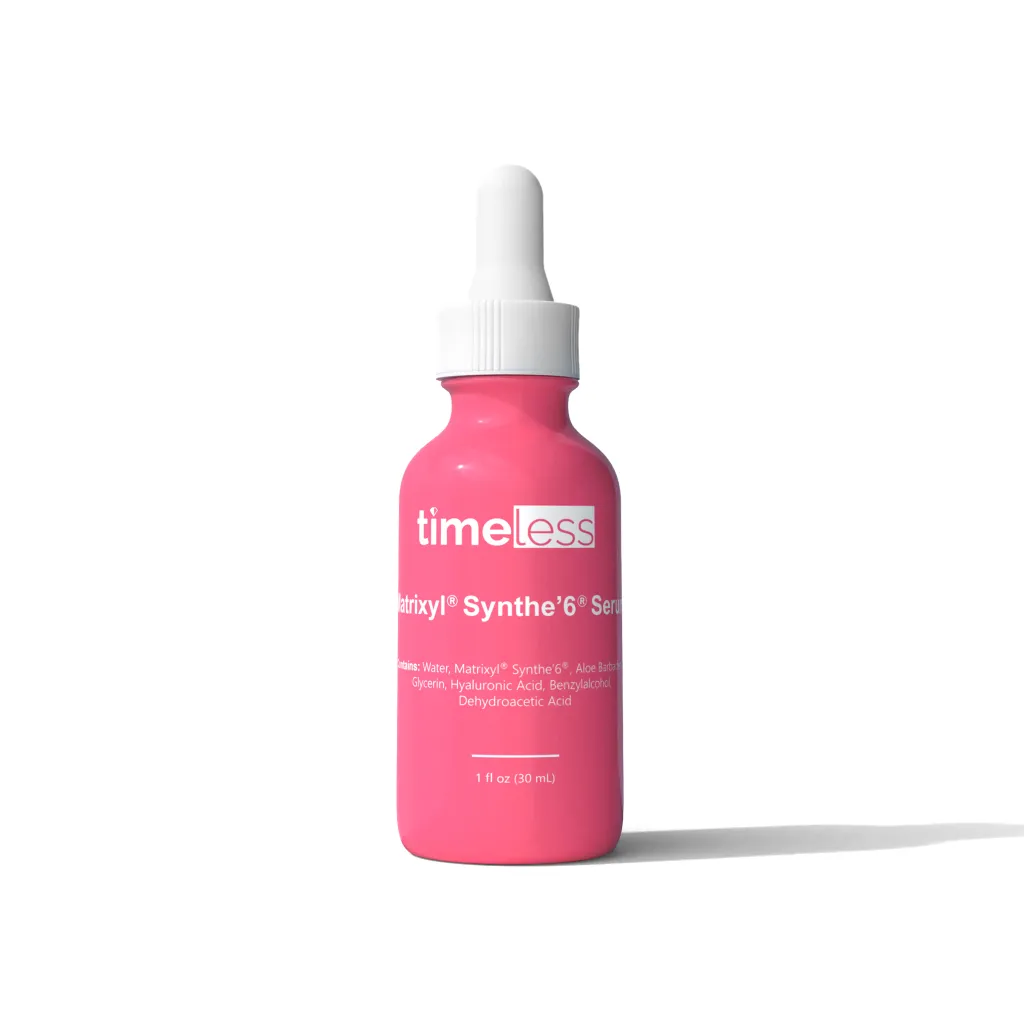 A bottle of Timeless Matrixyl Synthe'6 serum with a dropper.