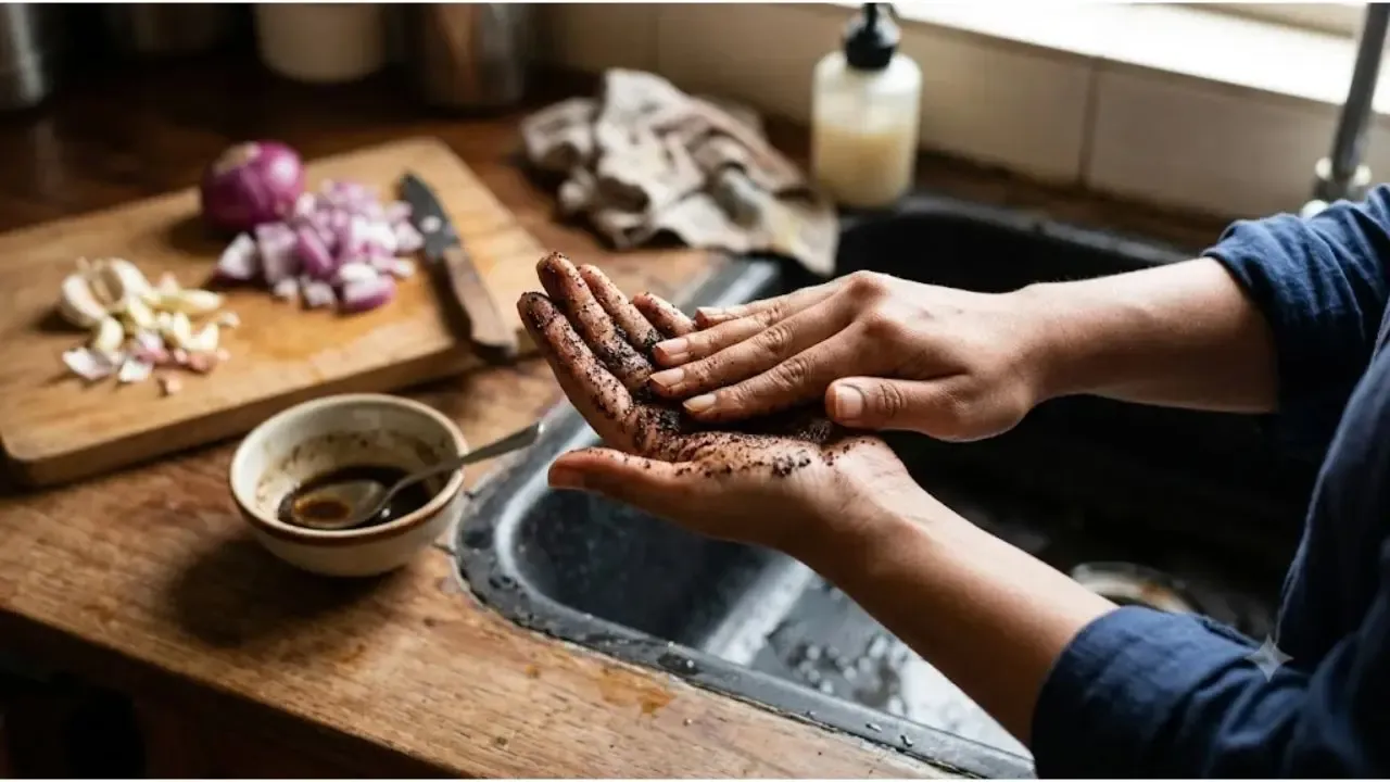 A person rubbing used coffee grounds on their hands over a kitchen sink to remove food odors like onion and garlic. Chopped red onions, garlic cloves, a knife, a cutting board, and a bowl of coffee grounds are visible in the background.