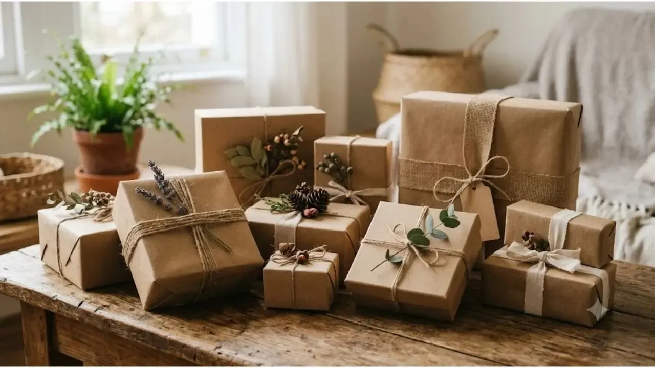 A collection of eco-friendly, recyclable gift boxes wrapped in natural kraft paper, decorated with twine, pinecones, dried lavender, and greenery on a rustic wooden table.