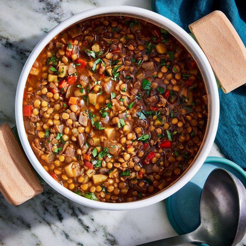 a recipe photo of the Mushroom & Lentil Soup Credit: Photographer: Jennifer Causey, Food stylist: Ali Ramee, Prop stylist: Clairen Spollen