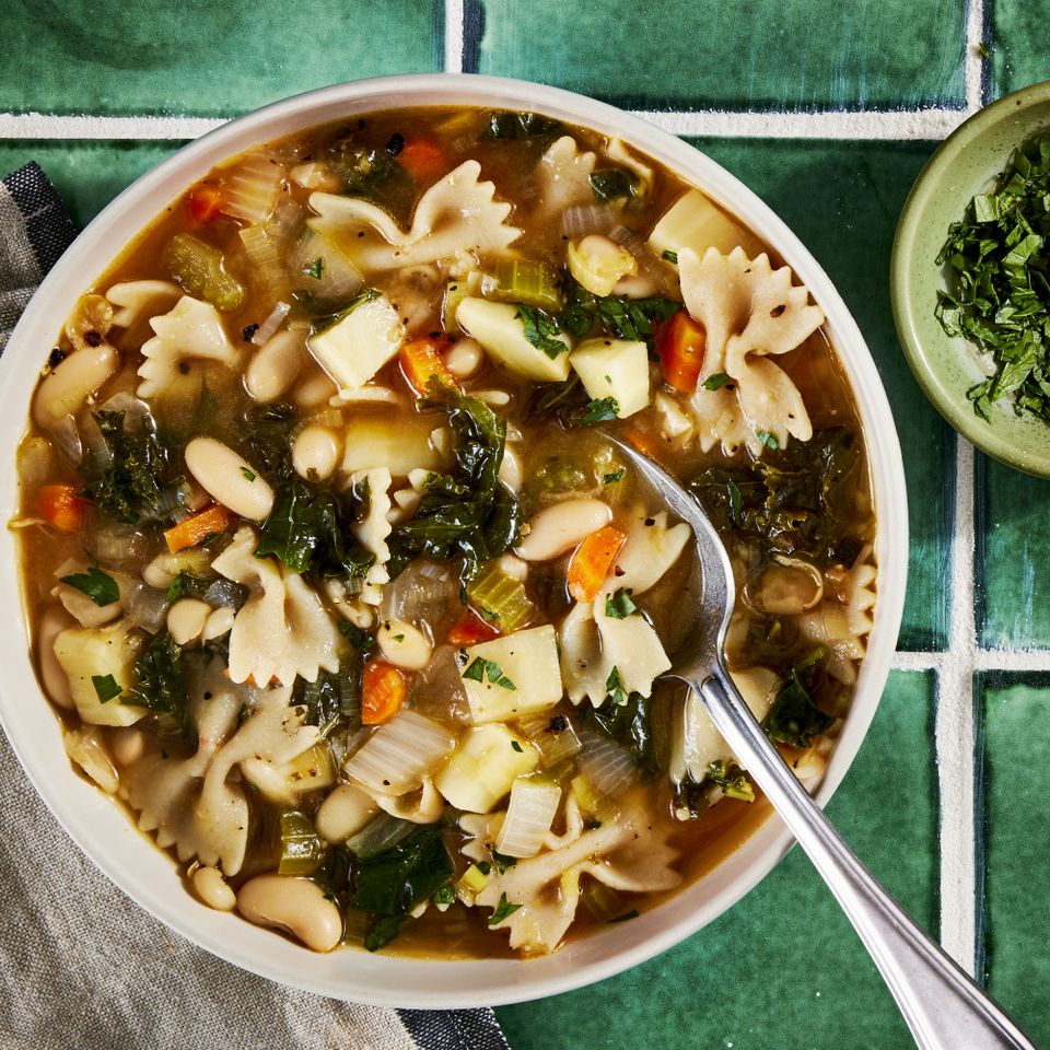 Kale, White Bean & Pasta Soup Credit: Photographer: Jen Causey, Food Stylist: Ali Ramee
