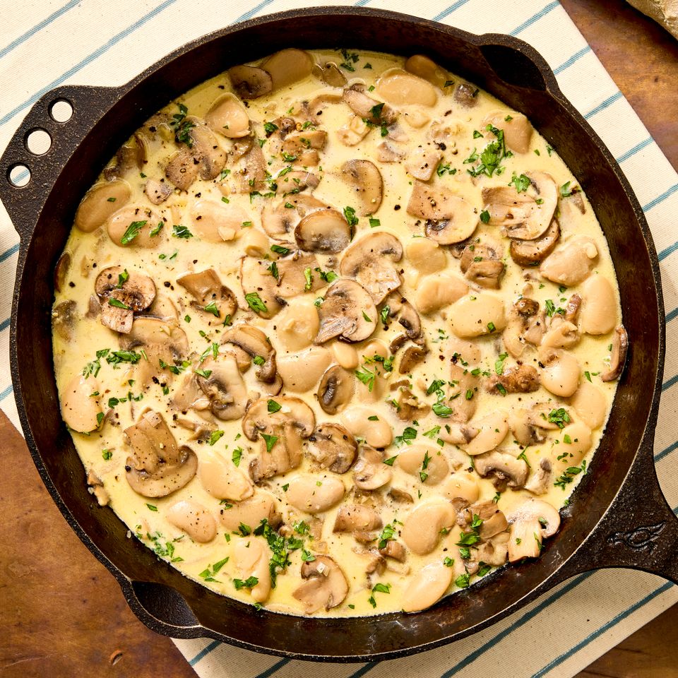 A recipe image of Creamy Mushroom & Butter Beans. Credit: Photographer: Robby Lozano.