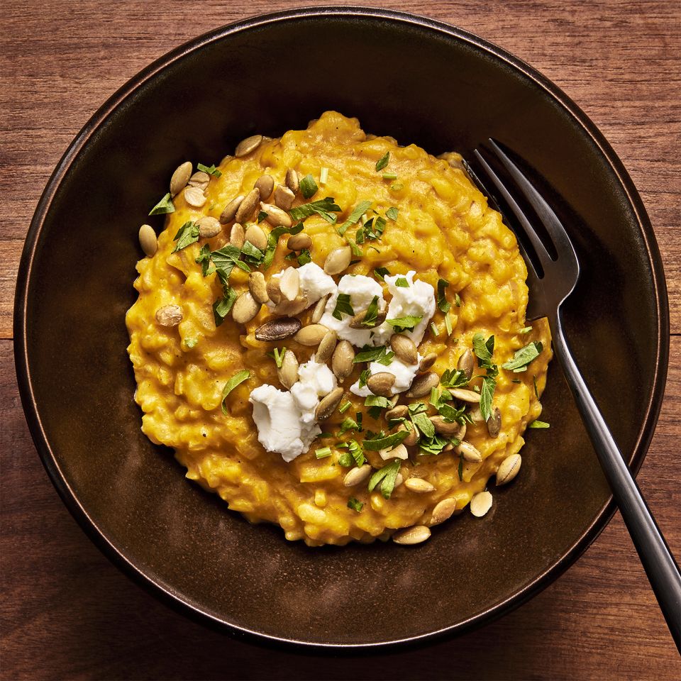 Pumpkin Risotto with Goat Cheese Credit: Photographer: Antonis Achilleos, Prop Stylist: Christine Keely, Food Stylist: Karen Rankin