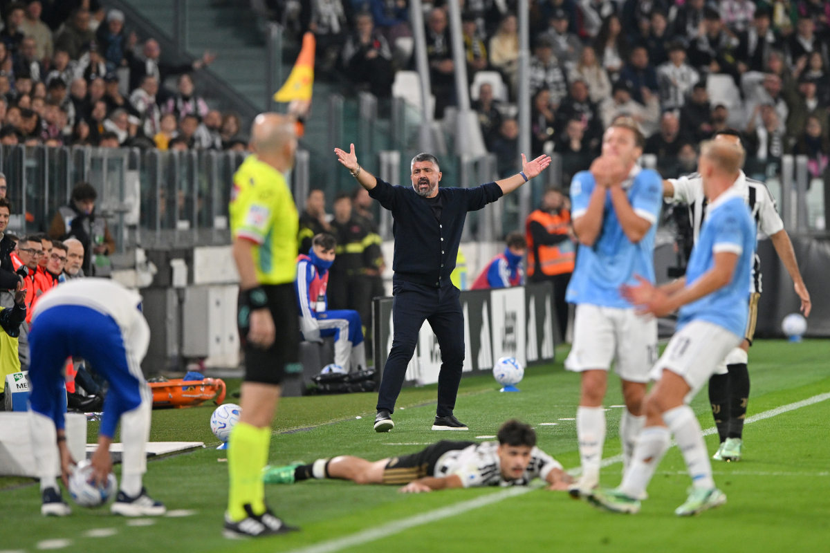 TURIN, ITALY - OCTOBER 18: Gennaro, Manager of S.S. Lazio, reacts during the Serie A match between Juventus and SS Lazio at Allianz Stadium on October 18, 2026 in Turin, Italy. (Photo by Chris Ricco/Getty Images)